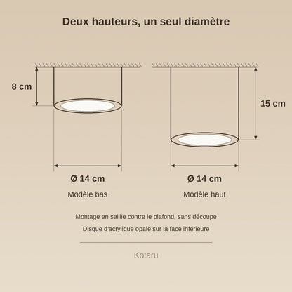 Schéma coté du plafonnier spot, Ø 14 cm, hauteur 8 ou 15 cm | Delvanie