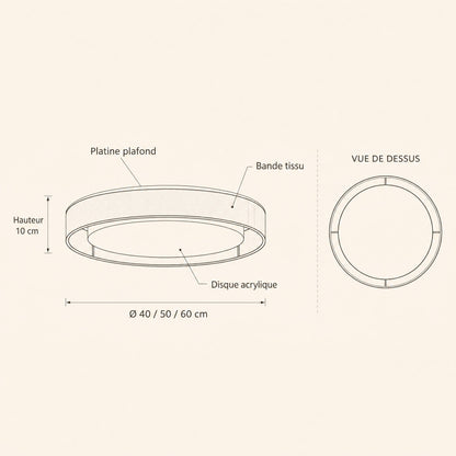 Schéma coté du plafonnier tissu Doucéa, Ø 40 50 60 cm, hauteur 10 cm | Delvanie
