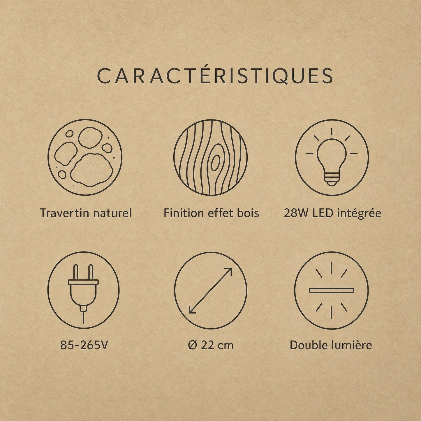 Caractéristiques du plafonnier travertin Térréa, travertin naturel et LED intégrée | Delvanie