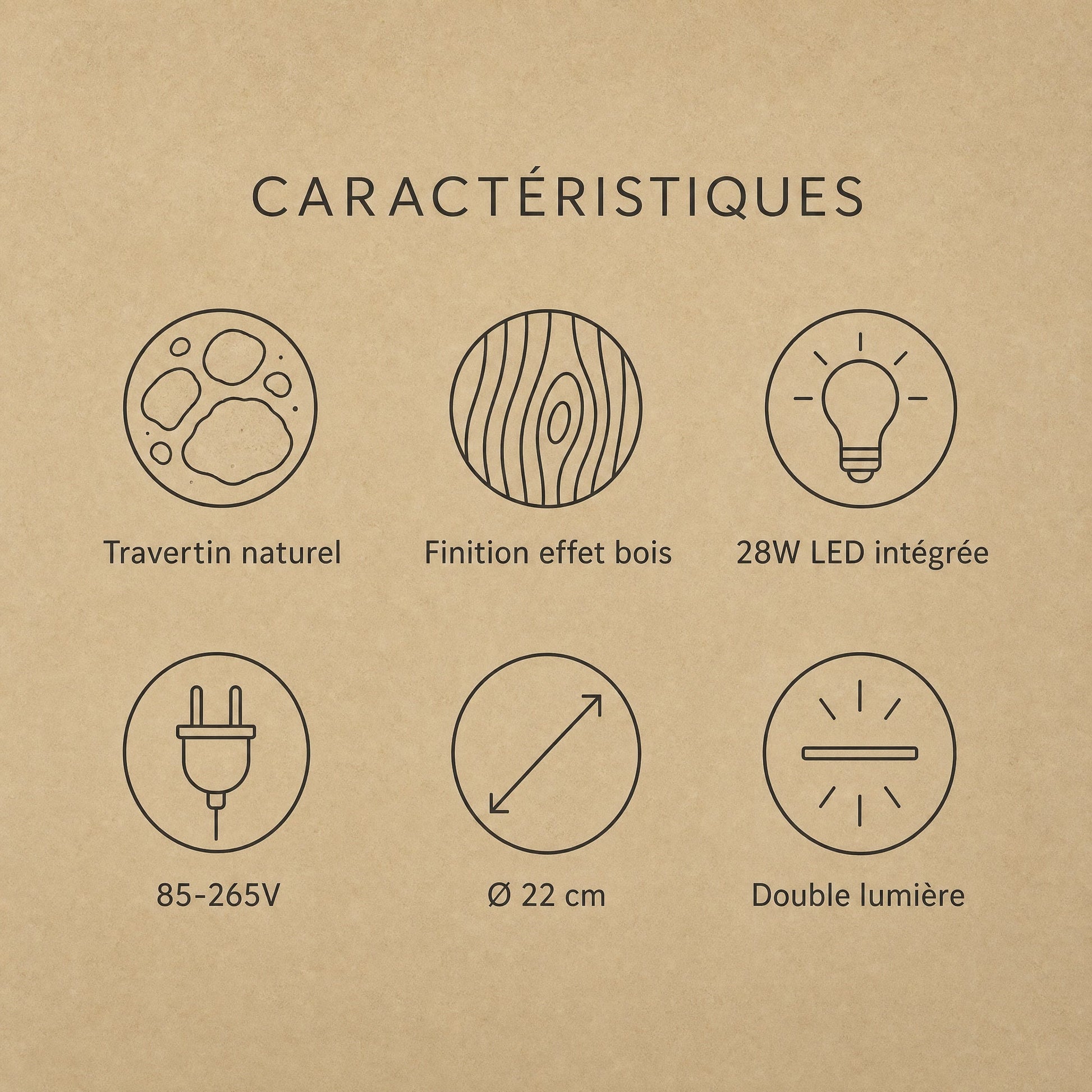Caractéristiques du plafonnier travertin Térréa, travertin naturel et LED intégrée | Delvanie