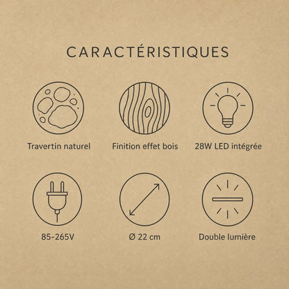 Caractéristiques du plafonnier travertin Térréa, travertin naturel et LED intégrée | Delvanie