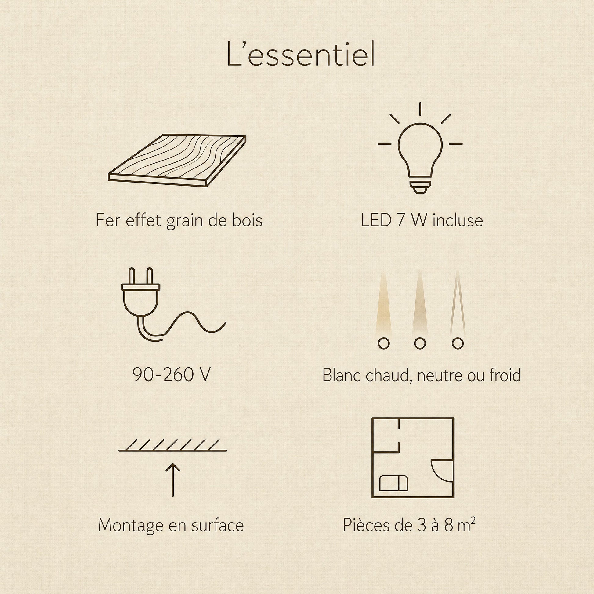 Caractéristiques du plafonnier vintage Nocelya : fer effet grain de bois, LED 7 W, 90-260 V | Delvanie