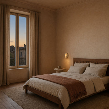 Lampe de chevet murale allumée au-dessus d'un chevet de travertin dans une chambre à mur de tadelakt ocre rosé | Delvanie