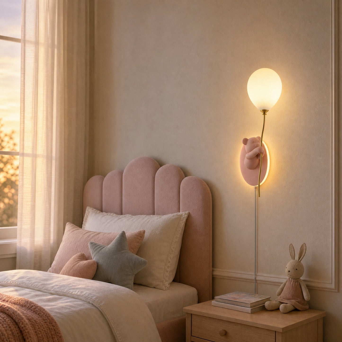 Applique ours ballon rose allumée au chevet d'une chambre d'enfant poudrée | Delvanie