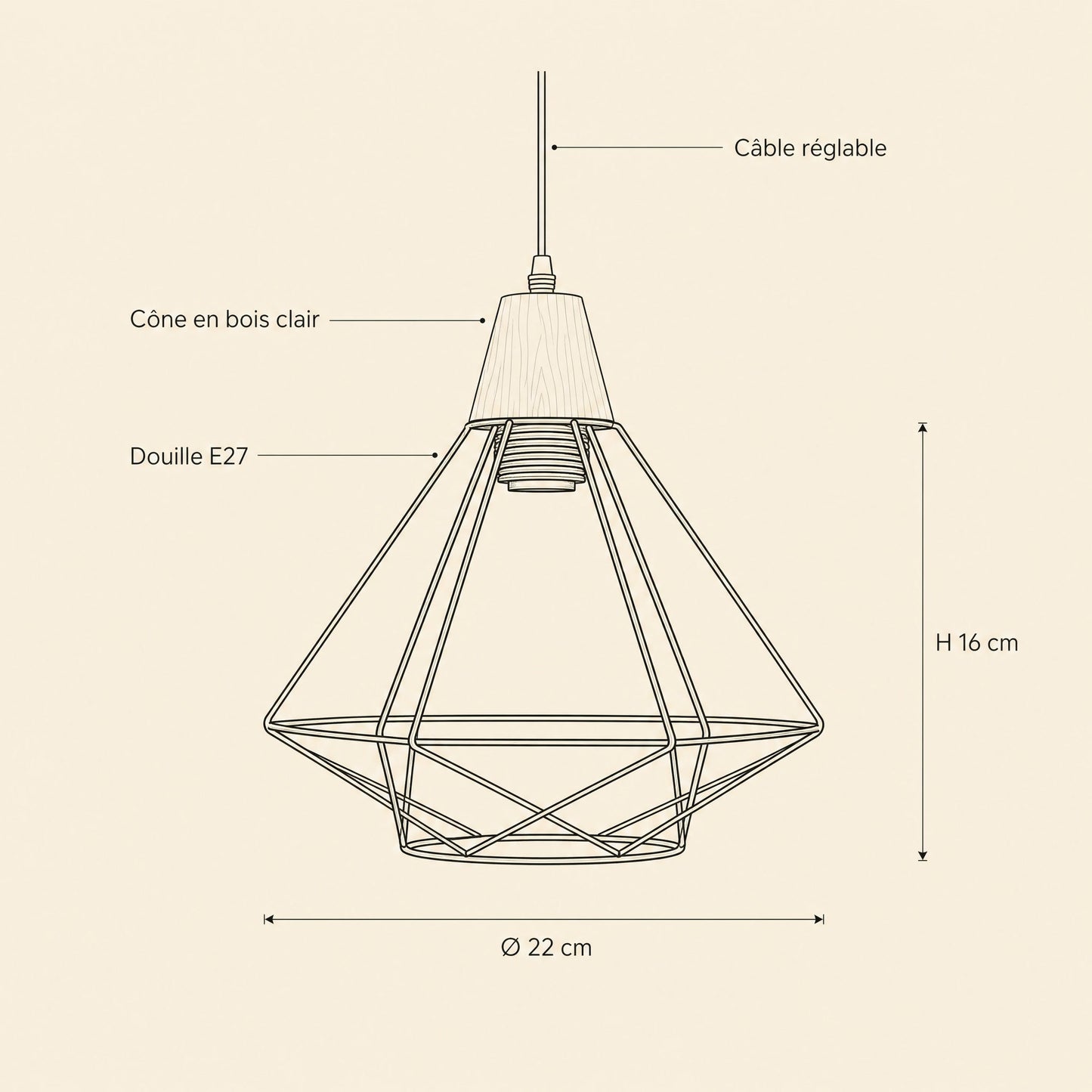 Dimensions de la suspension Sorenya : cage Ø 22 cm et H 16 cm, douille E27 | Delvanie