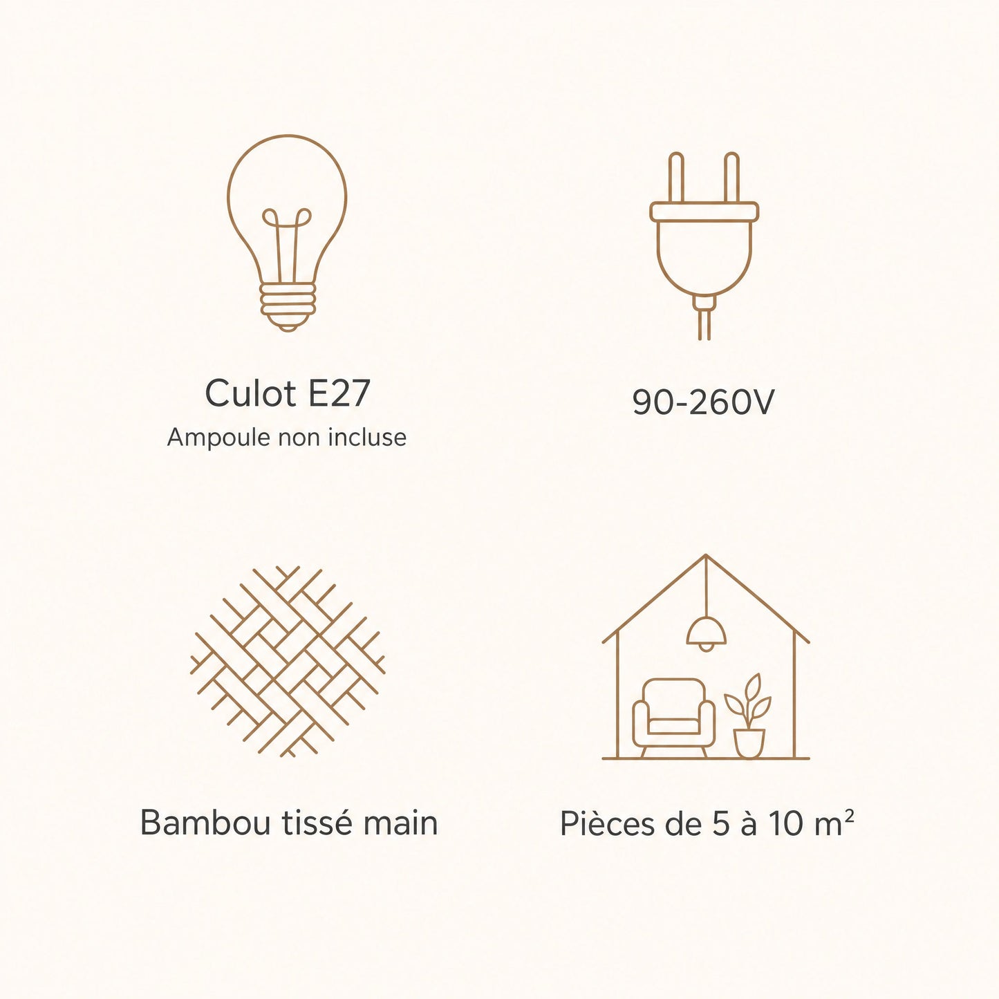 Caractéristiques de la suspension bambou Takenya, culot E27, 90-260V, bambou tissé main | Delvanie
