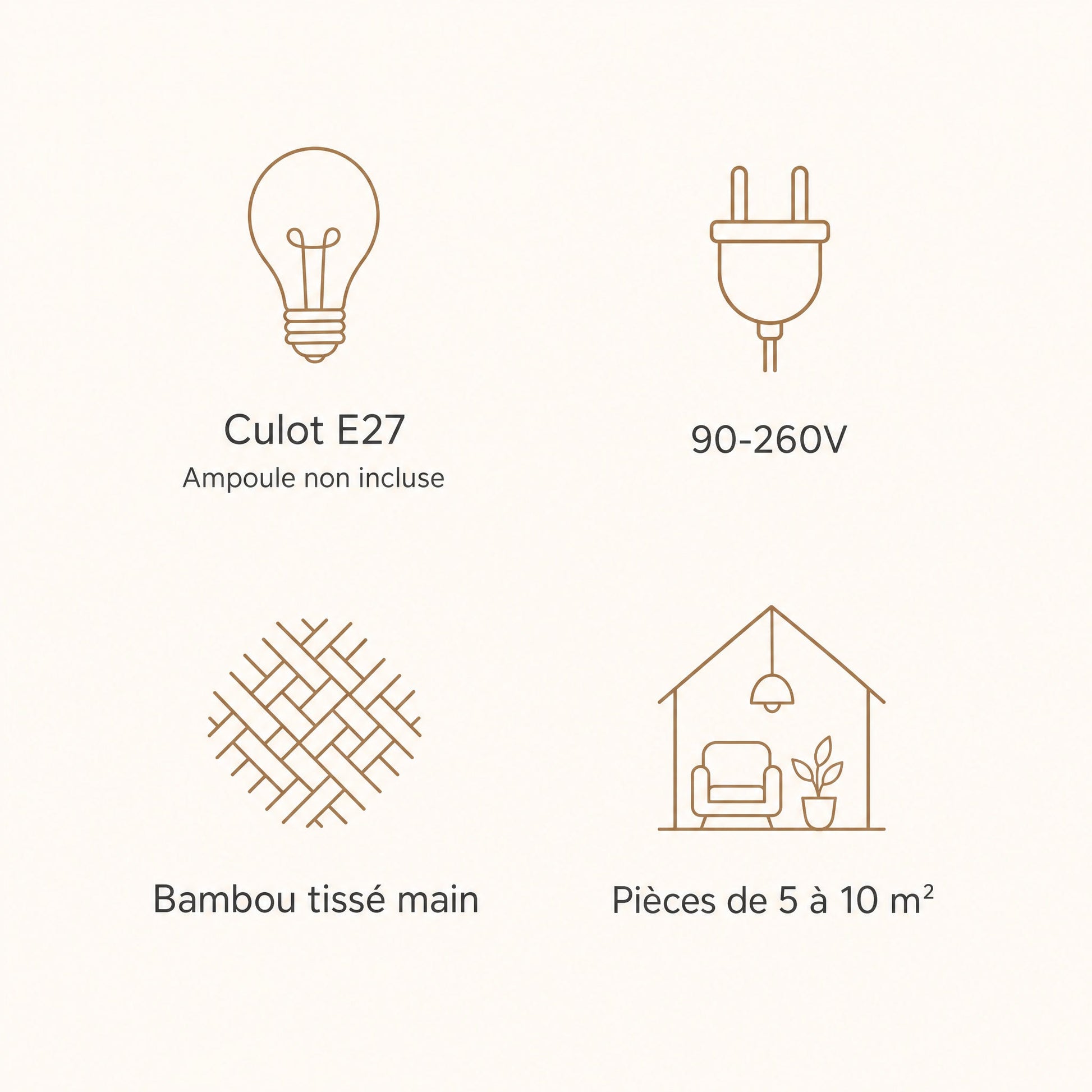 Caractéristiques de la suspension bambou Takenya, culot E27, 90-260V, bambou tissé main | Delvanie
