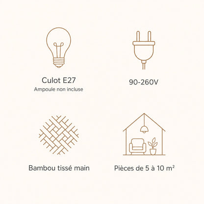 Caractéristiques de la suspension bambou Takenya, culot E27, 90-260V, bambou tissé main | Delvanie