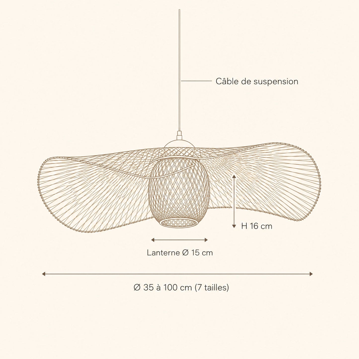Schéma coté de la suspension bambou Takenya, Ø 35 à 100 cm, lanterne Ø 15 cm | Delvanie