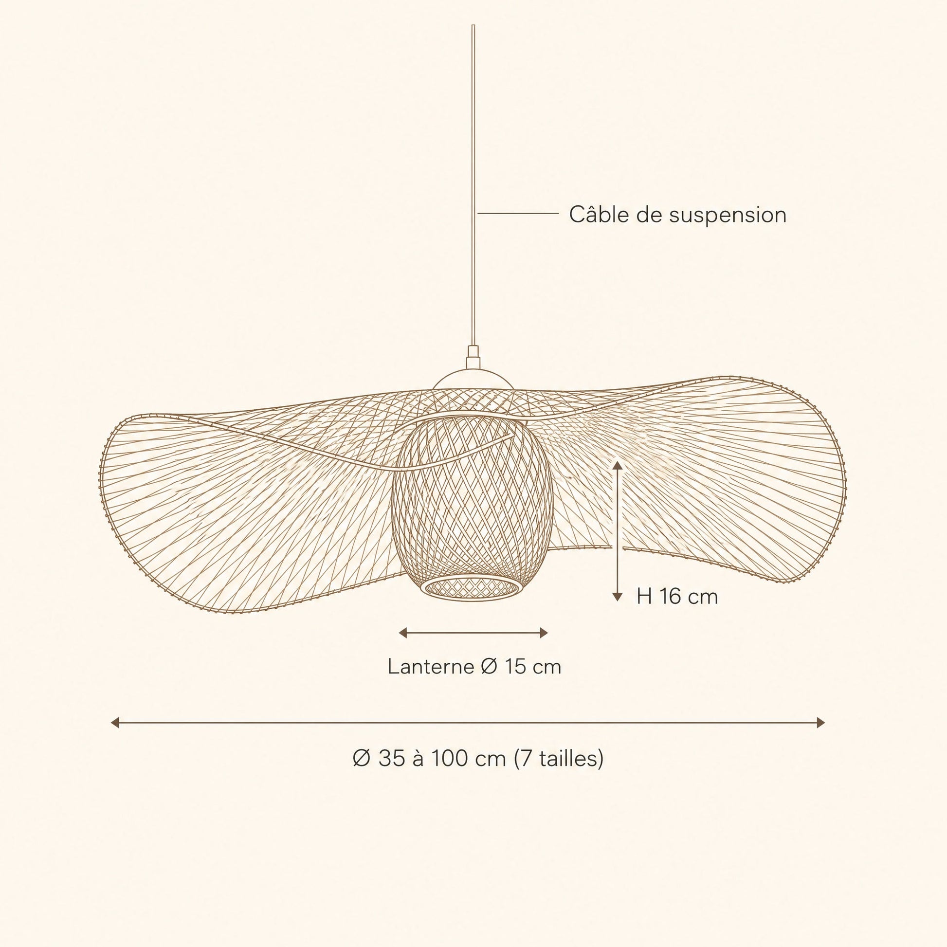 Schéma coté de la suspension bambou Takenya, Ø 35 à 100 cm, lanterne Ø 15 cm | Delvanie