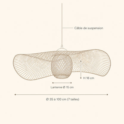 Schéma coté de la suspension bambou Takenya, Ø 35 à 100 cm, lanterne Ø 15 cm | Delvanie