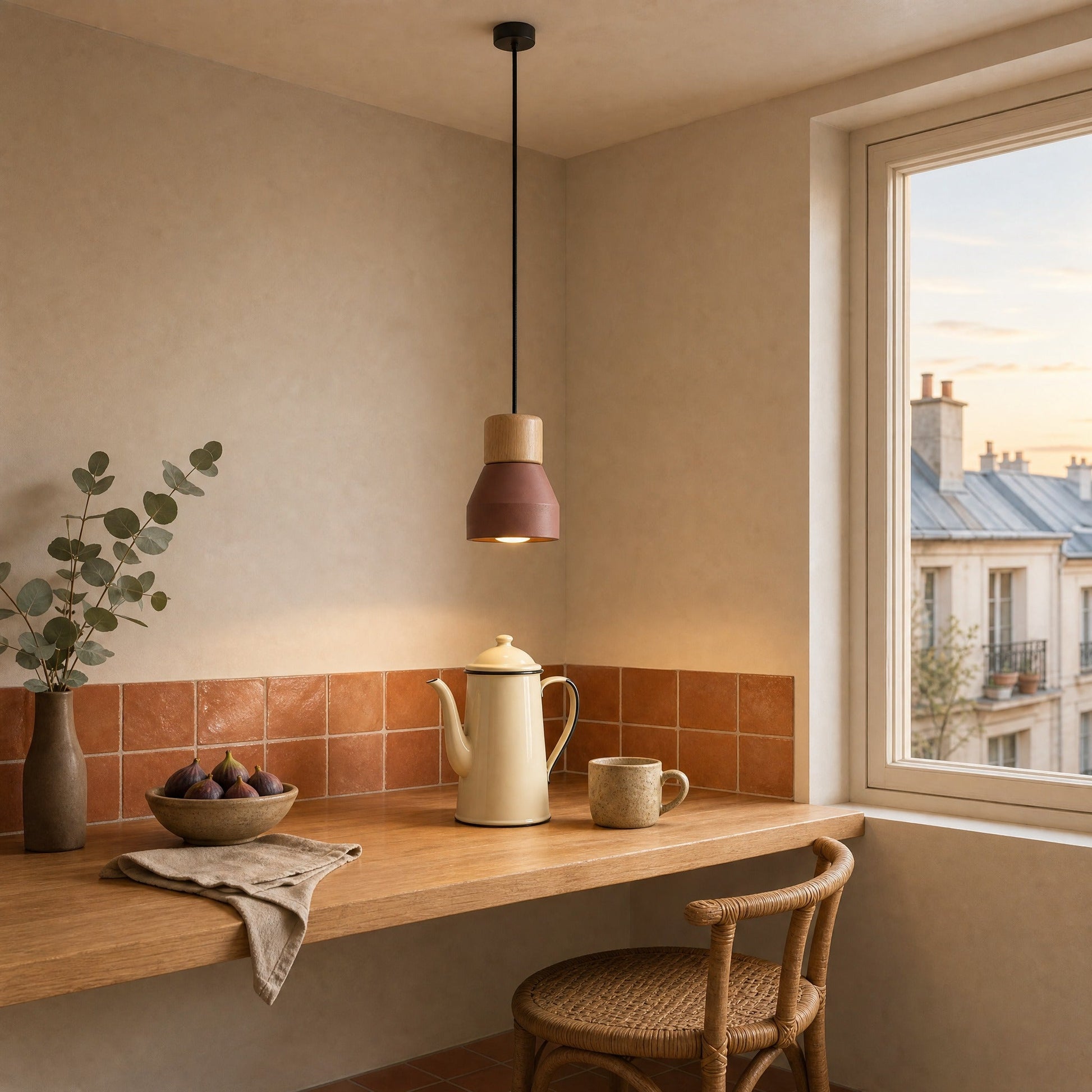 Suspension béton Terracotta allumée au-dessus d'un comptoir de petit déjeuner au petit matin | Delvanie
