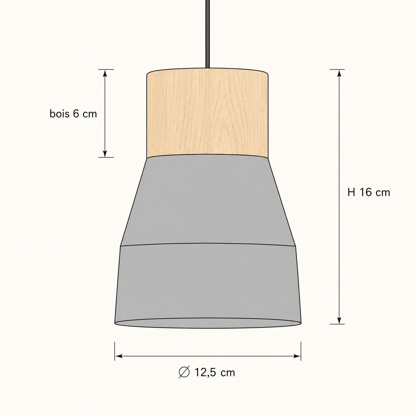 Schéma coté de la suspension béton, diamètre 12,5 cm et hauteur 16 cm | Delvanie