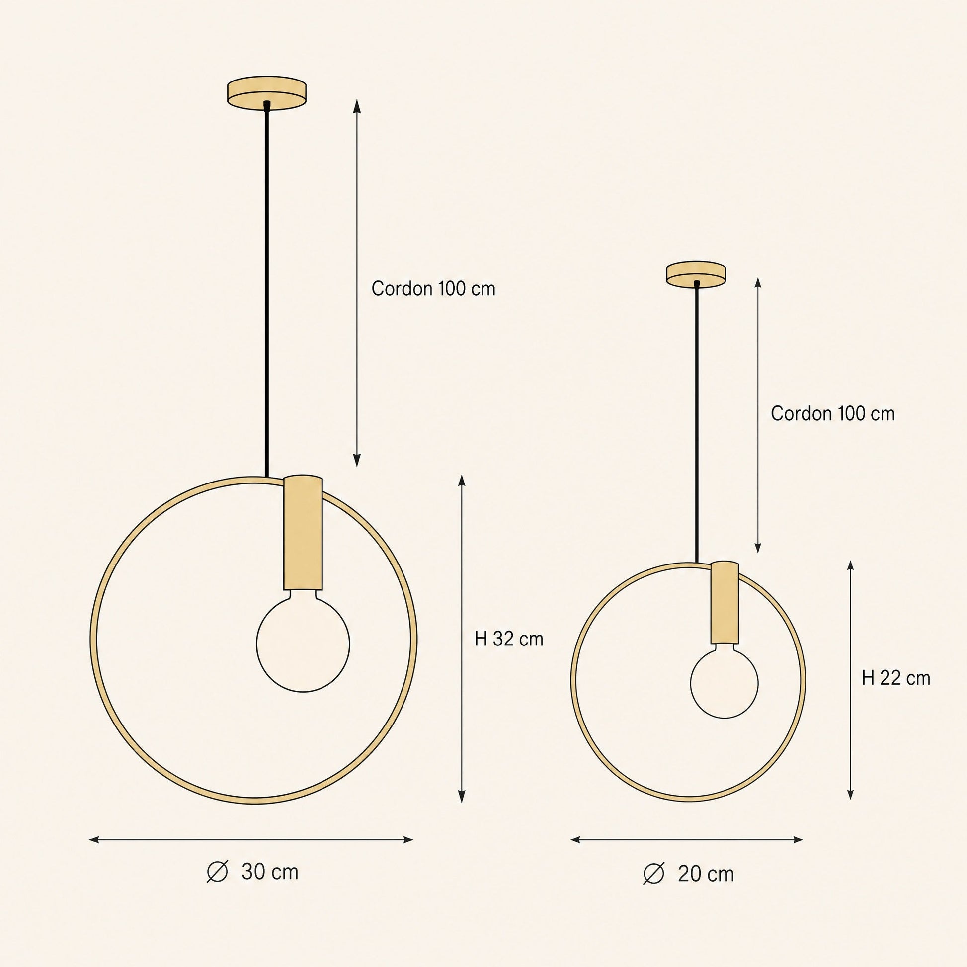 Dimensions de la suspension chevet Miralto, Ø 30 cm et Ø 20 cm | Delvanie