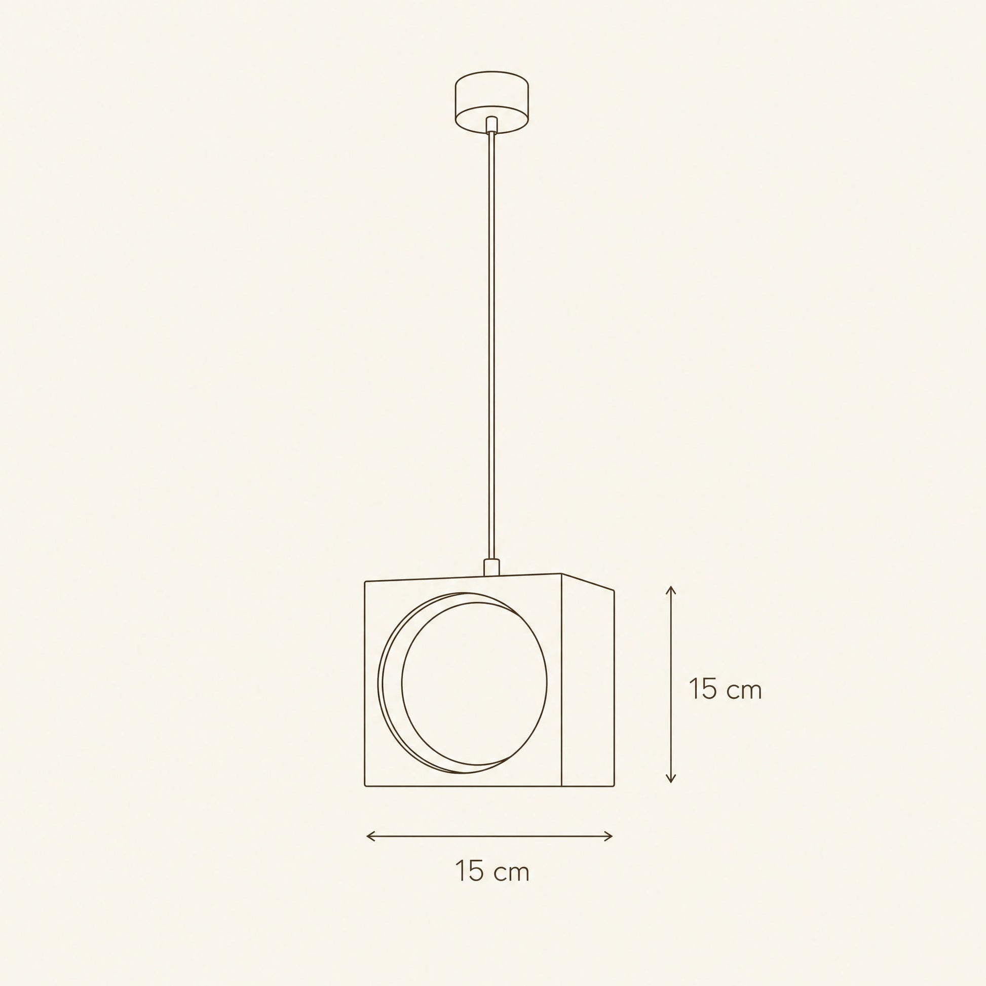 Schéma coté de la suspension colorée Asobya, cube de 15 cm | Delvanie