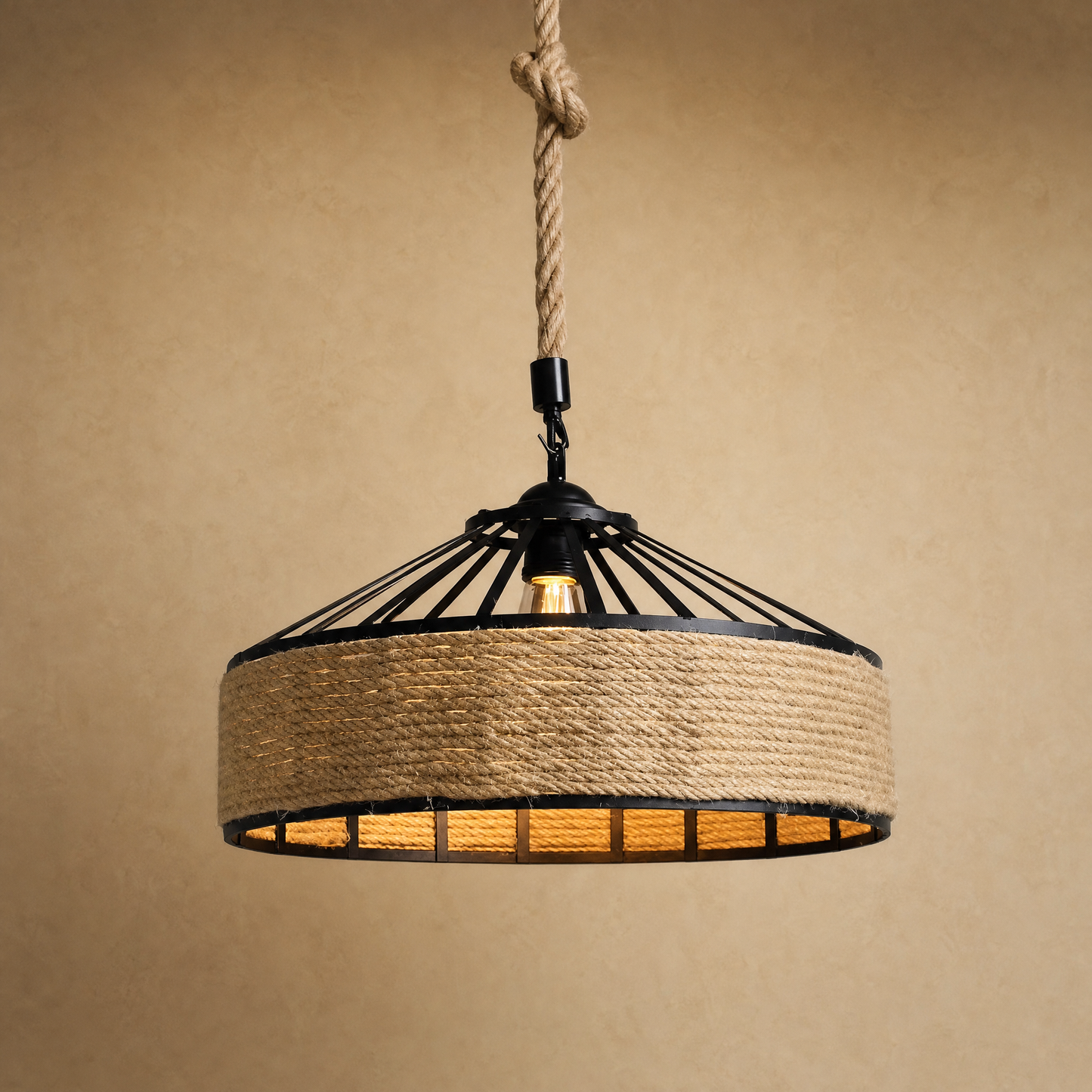 Suspension corde de chanvre Chanvéa, tambour tressé et fer noir, fond minéral beige | Delvanie