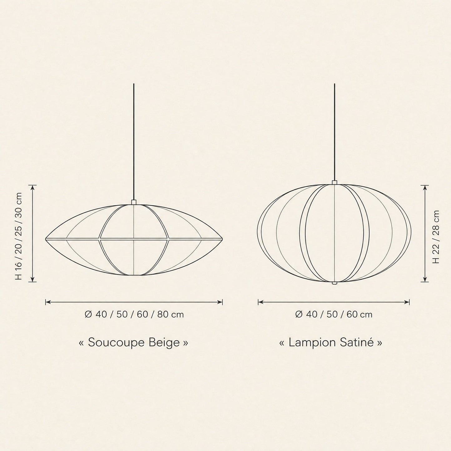 Schéma coté de la suspension japonaise Sétaya, formes Soucoupe Beige et Lampion Satiné | Delvanie