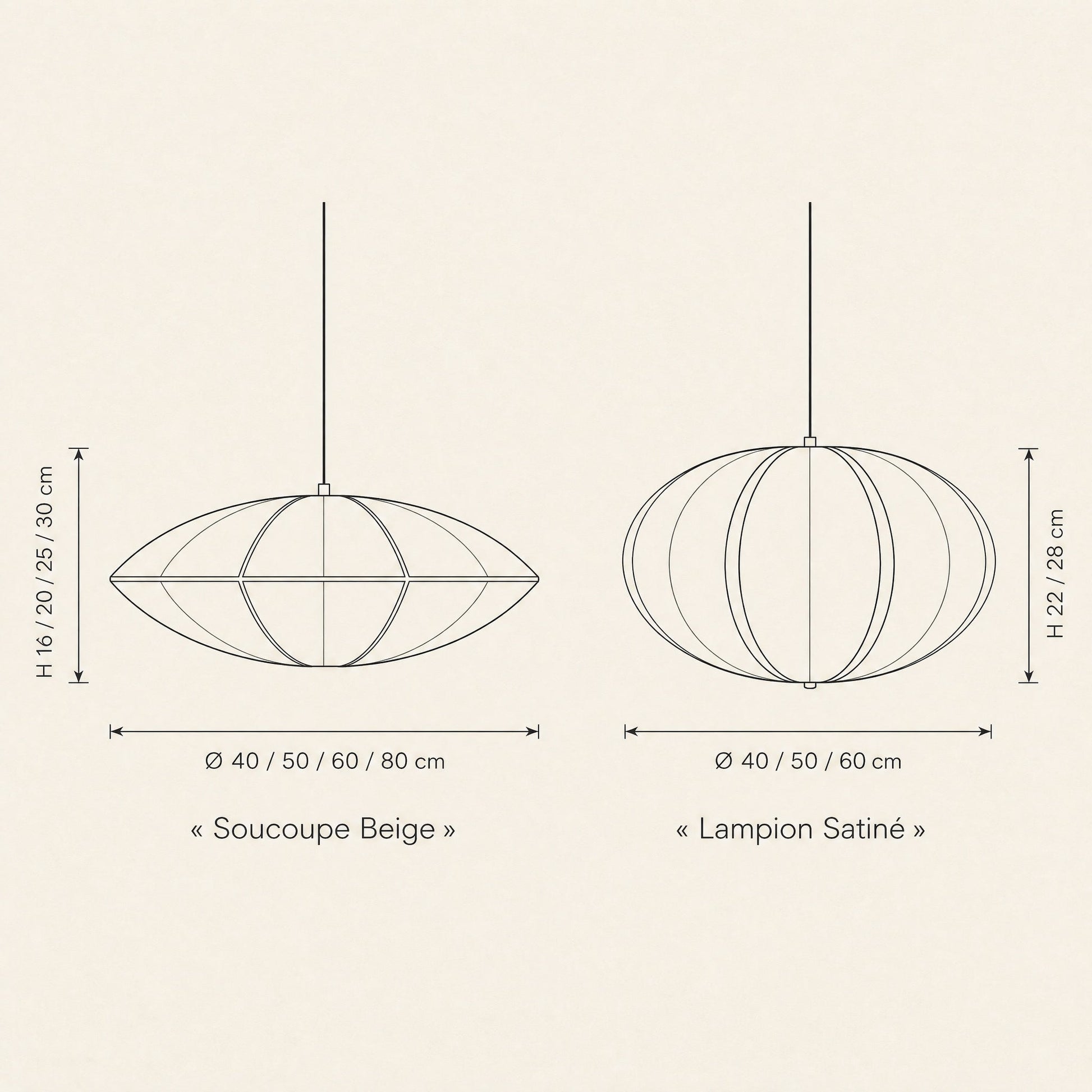 Schéma coté de la suspension japonaise Sétaya, formes Soucoupe Beige et Lampion Satiné | Delvanie