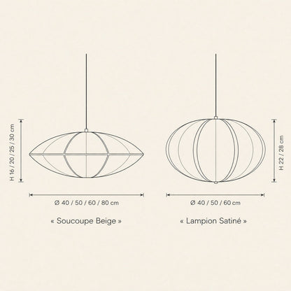 Schéma coté de la suspension japonaise Sétaya, formes Soucoupe Beige et Lampion Satiné | Delvanie