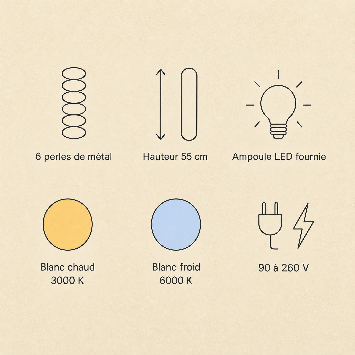Caractéristiques de la suspension Tamayu, six perles de métal, ampoule LED fournie, blanc chaud 3000 K ou blanc froid 6000 K | Delvanie