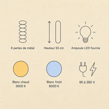 Caractéristiques de la suspension Tamayu, six perles de métal, ampoule LED fournie, blanc chaud 3000 K ou blanc froid 6000 K | Delvanie