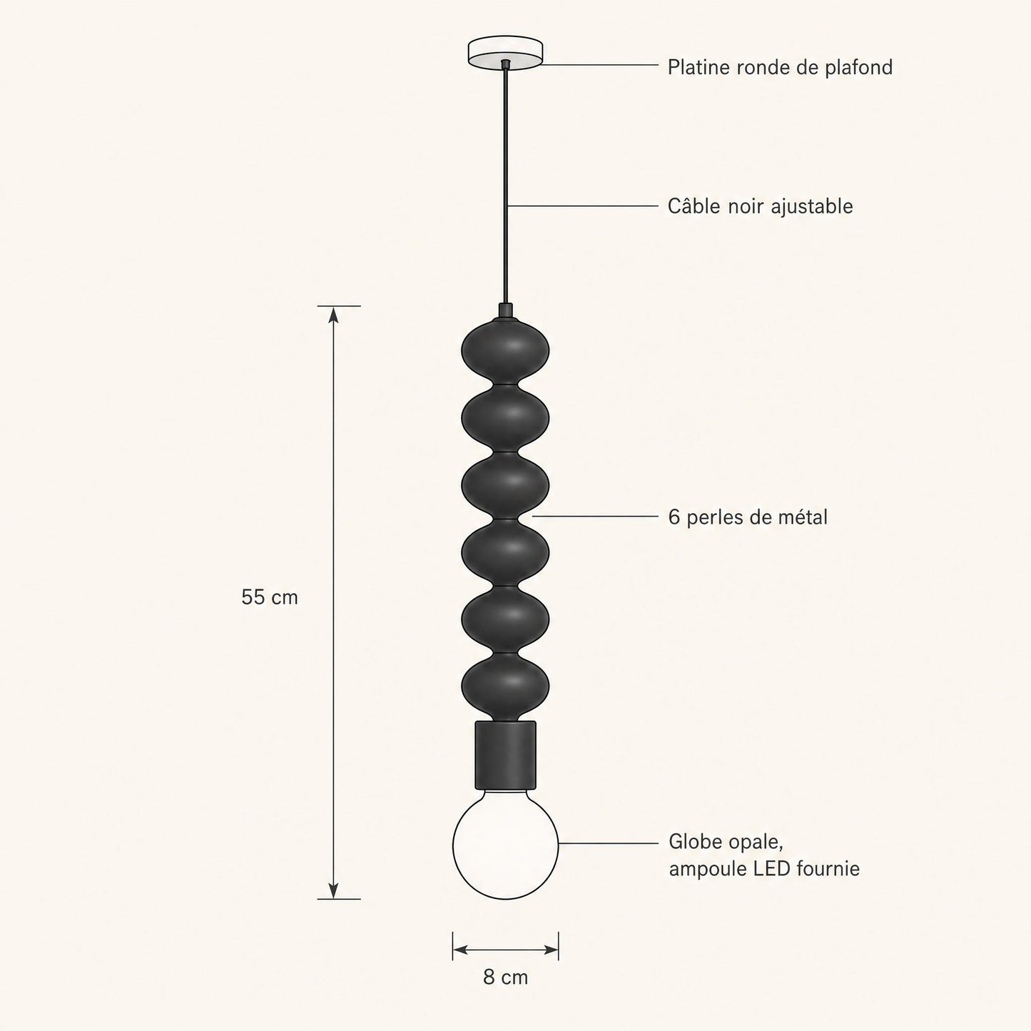 Schéma coté de la suspension Tamayu, hauteur totale 55 cm et largeur 8 cm | Delvanie