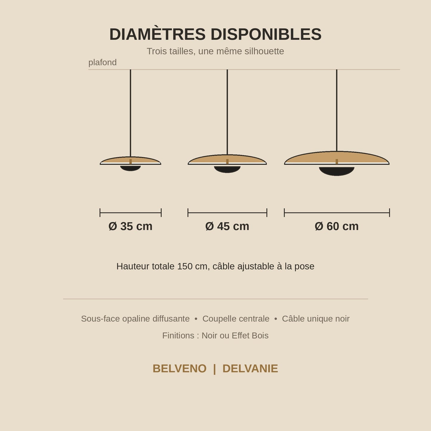 Schéma coté de la suspension, diamètres 35, 45 et 60 cm, hauteur totale 150 cm | Delvanie