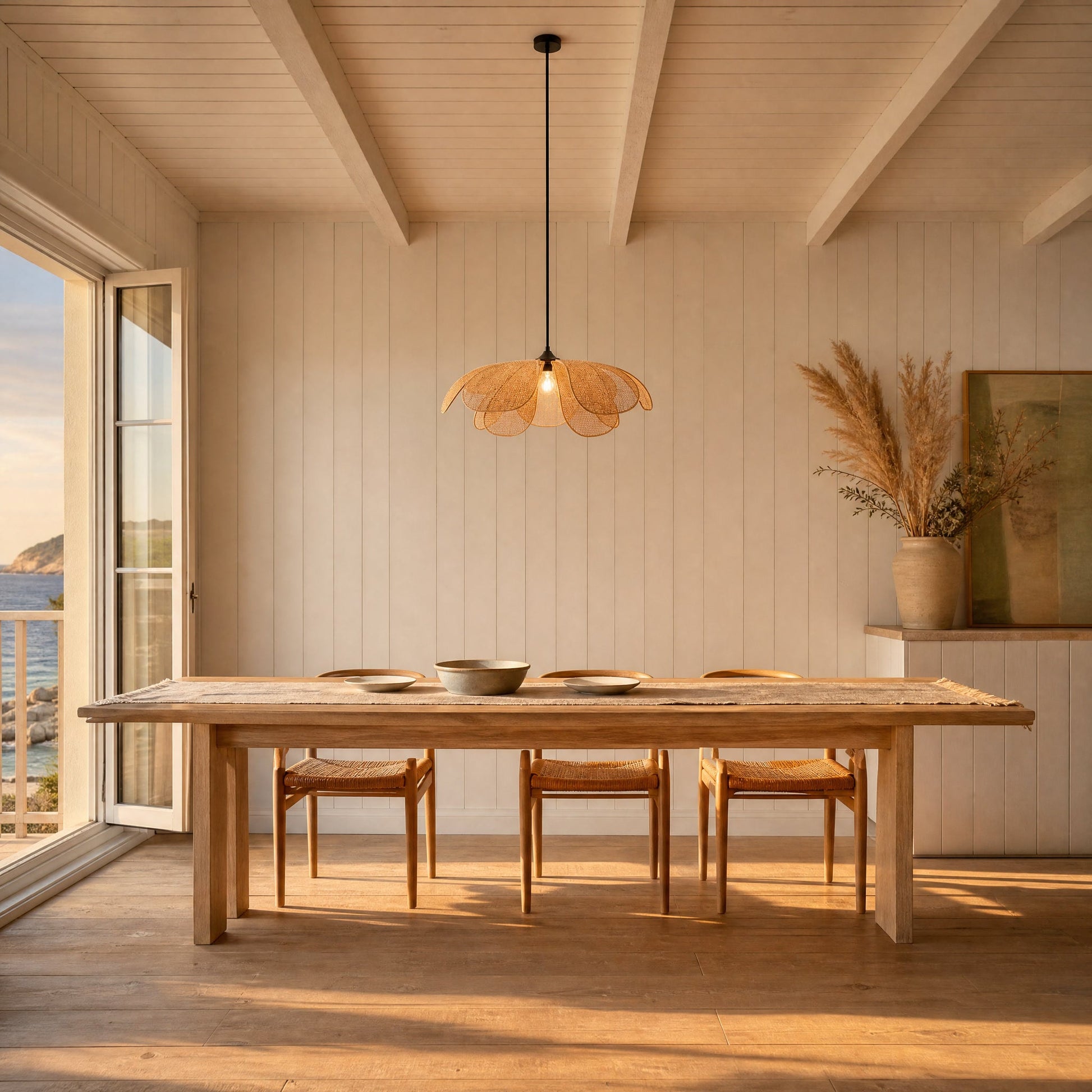 Suspension en osier allumée au-dessus d'une table de salle à manger de bord de mer | Delvanie