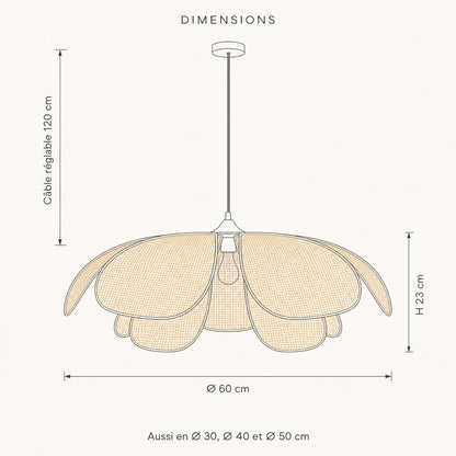 Schéma coté de la suspension en osier Hanomi, Ø 60 cm et câble réglable 120 cm | Delvanie