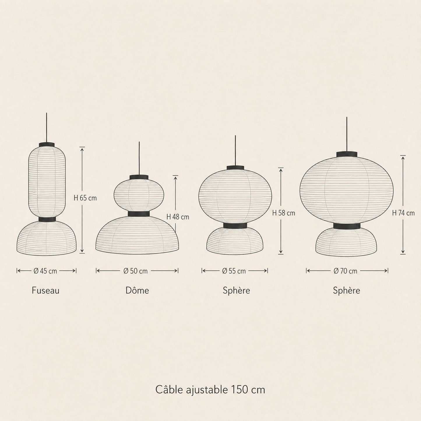 Schéma coté des quatre silhouettes de la suspension papier de riz Karumiya | Delvanie