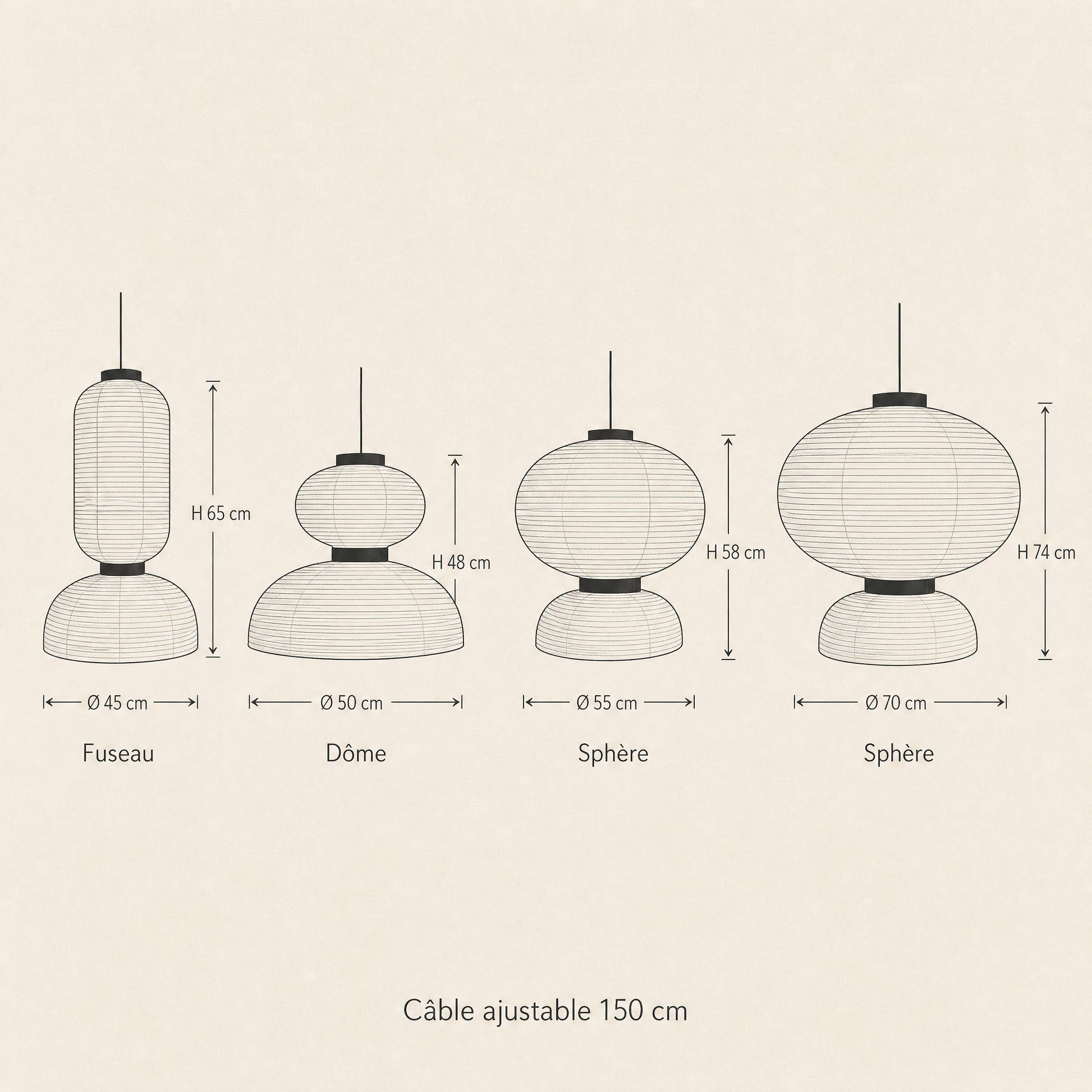Schéma coté des quatre silhouettes de la suspension papier de riz Karumiya | Delvanie