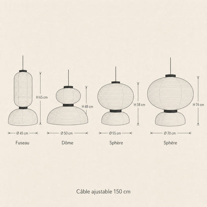 Schéma coté des quatre silhouettes de la suspension papier de riz Karumiya | Delvanie