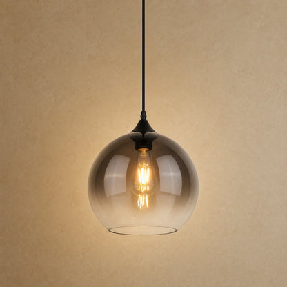 Suspension plafond Iridana, globe de verre dégradé gris fumé et rebord transparent | Delvanie