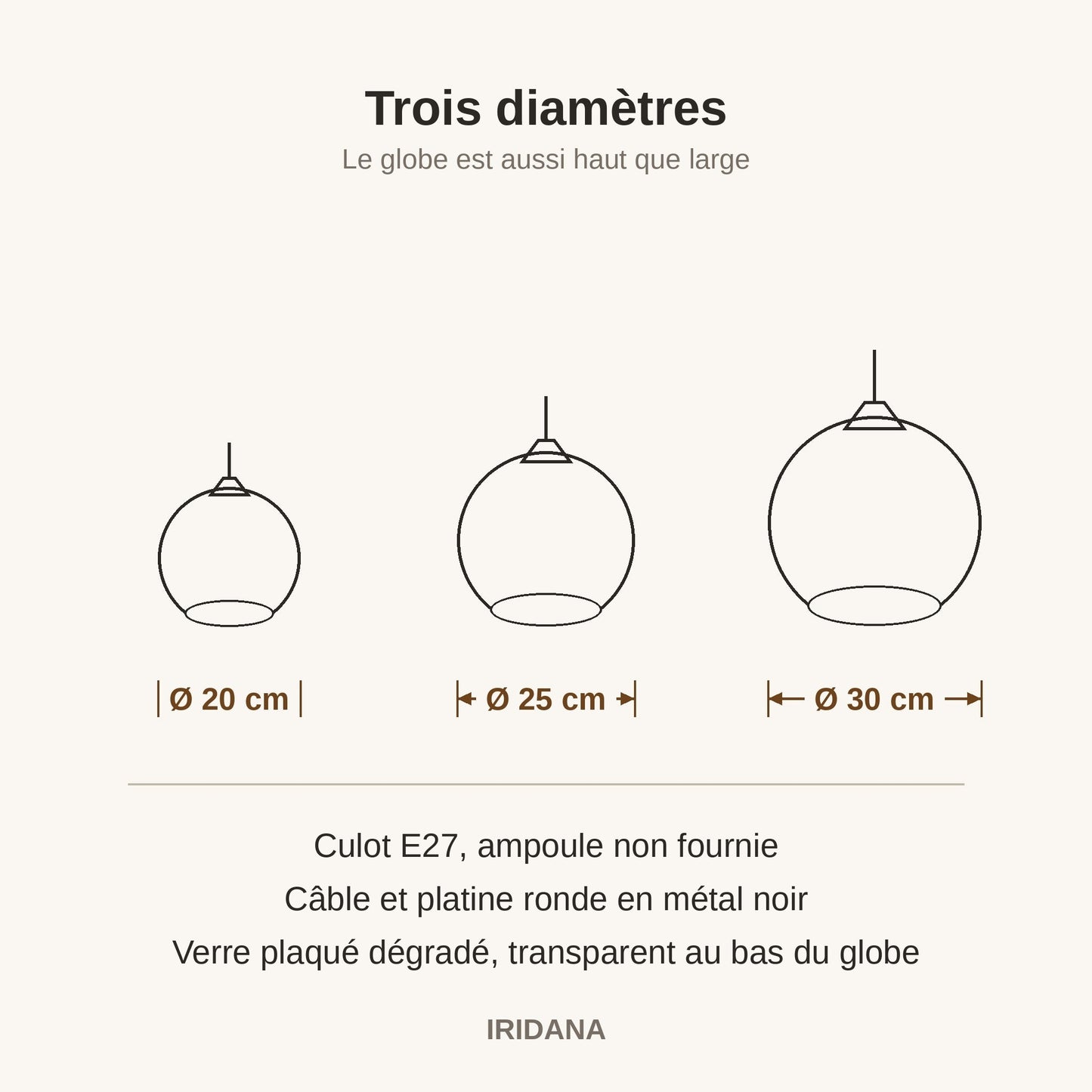 Schéma coté de la suspension Iridana, globes de Ø 20, Ø 25 et Ø 30 cm | Delvanie