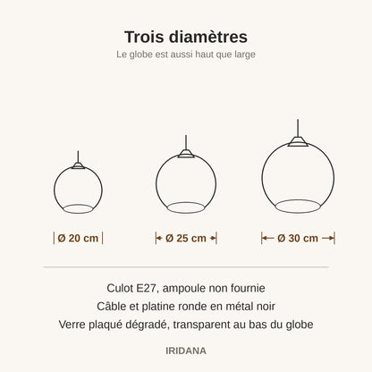 Schéma coté de la suspension Iridana, globes de Ø 20, Ø 25 et Ø 30 cm | Delvanie