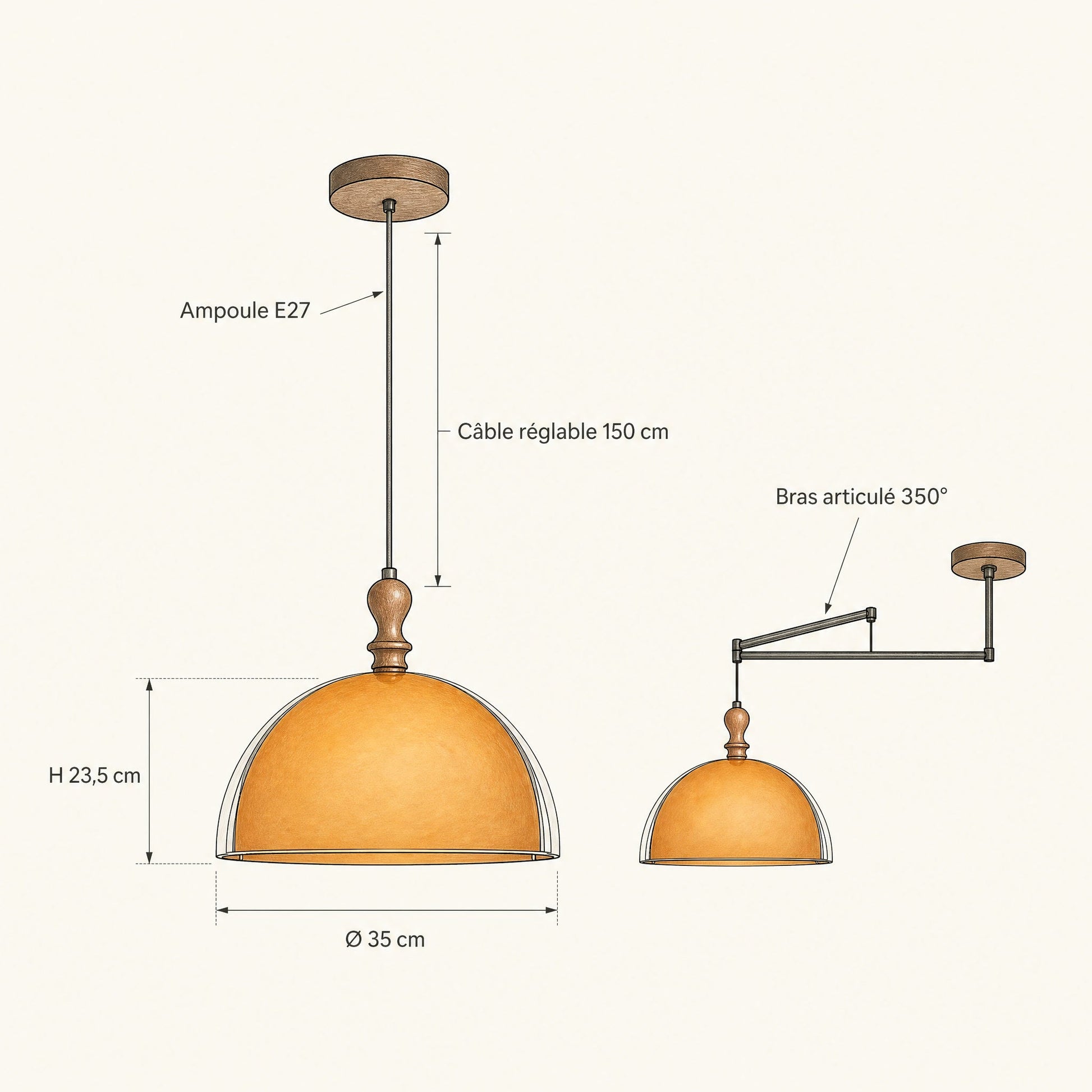 Schéma coté de la suspension Talvéa, dôme Ø 35 cm, hauteur 23,5 cm, câble 150 cm | Delvanie