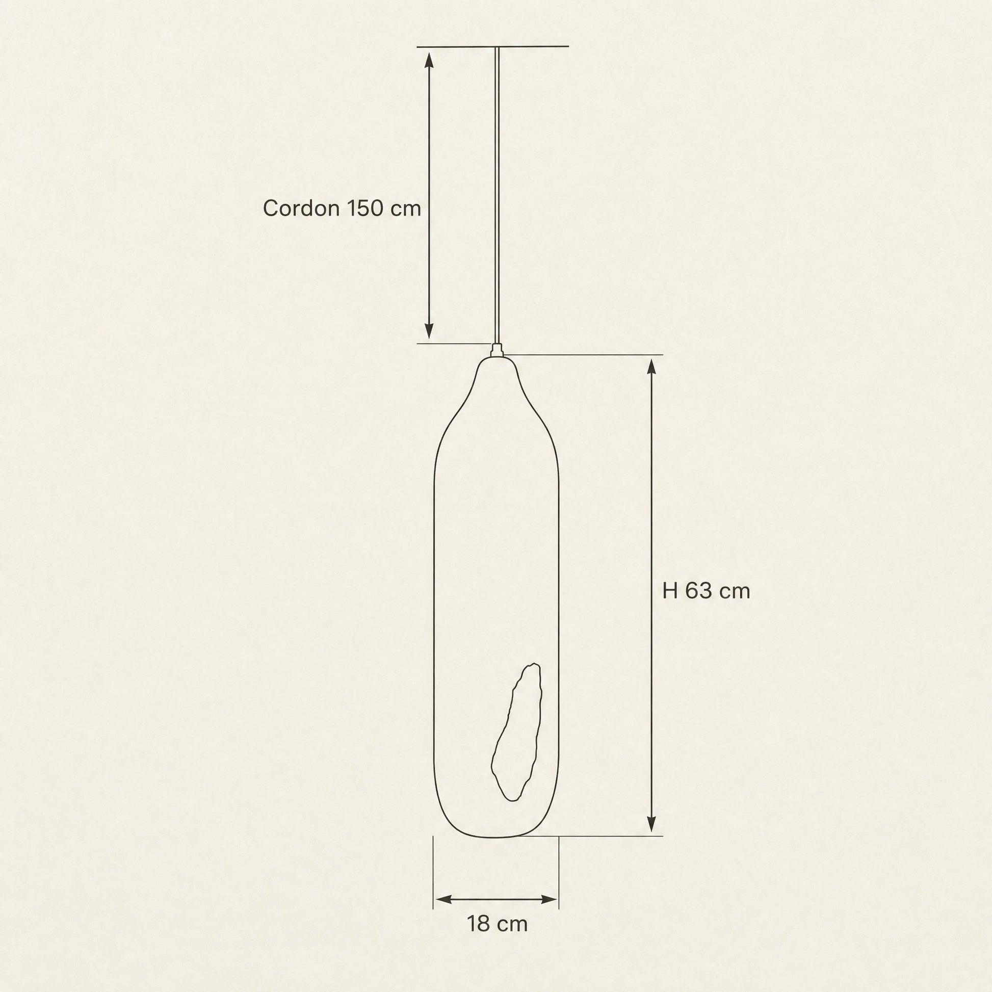 Schéma coté de la suspension Golenza, hauteur 63 cm, diamètre 18 cm, cordon 150 cm | Delvanie
