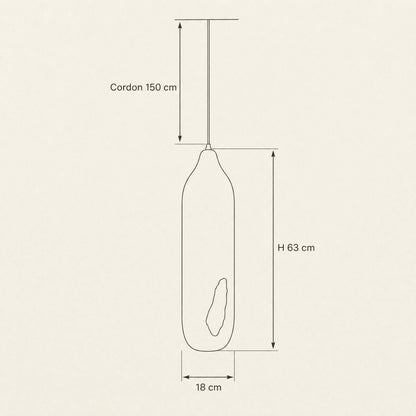 Schéma coté de la suspension Golenza, hauteur 63 cm, diamètre 18 cm, cordon 150 cm | Delvanie
