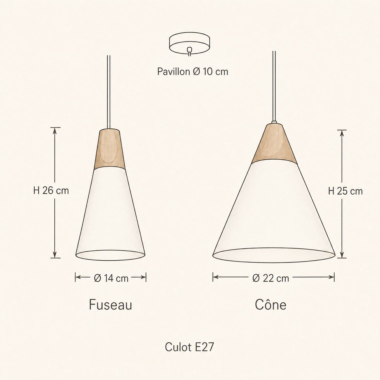 Schéma coté de la suspension scandinave Askelya, fuseau Ø 14 x H 26 cm et cône Ø 22 x H 25 cm | Delvanie
