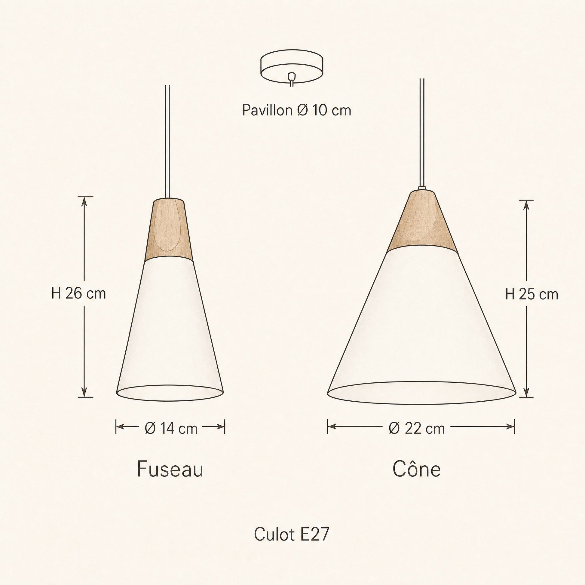 Schéma coté de la suspension scandinave Askelya, fuseau Ø 14 x H 26 cm et cône Ø 22 x H 25 cm | Delvanie