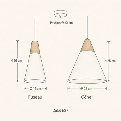 Schéma coté de la suspension scandinave Askelya, fuseau Ø 14 x H 26 cm et cône Ø 22 x H 25 cm | Delvanie