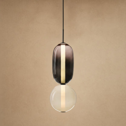 Suspension verre coloré Zuccara, deux perles fumé et crème, hauteur 37 cm | Delvanie