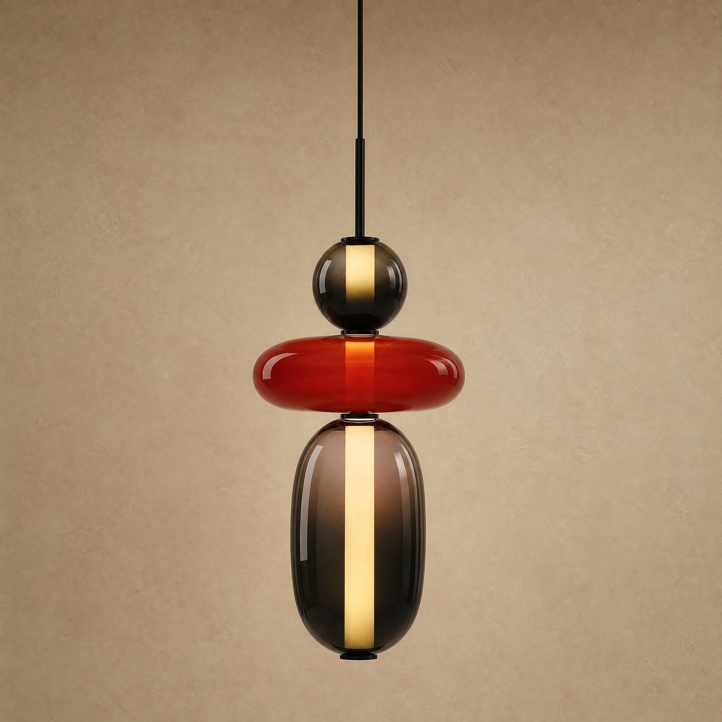 Suspension verre coloré Zuccara, trois perles noir, rouge et fumé, packshot | Delvanie