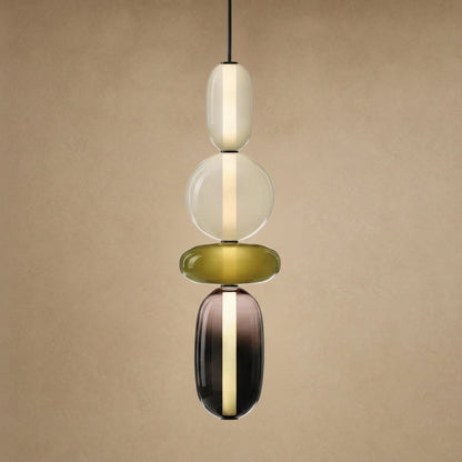 Suspension verre coloré Zuccara, quatre perles crème, olive et fumé, hauteur 59 cm | Delvanie