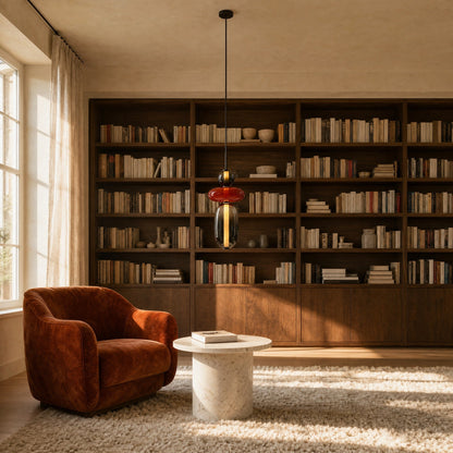 Suspension verre coloré Zuccara allumée au-dessus d'un guéridon de marbre dans un salon bibliothèque | Delvanie