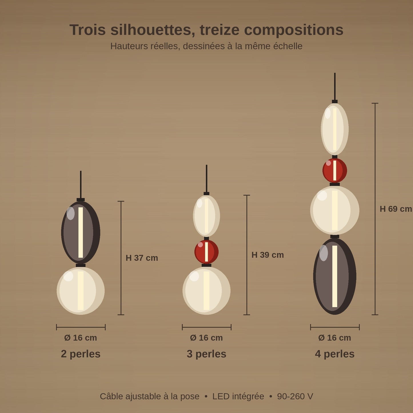 Schéma coté de la suspension verre coloré Zuccara, hauteurs 37, 39 et 69 cm, diamètre 16 cm | Delvanie