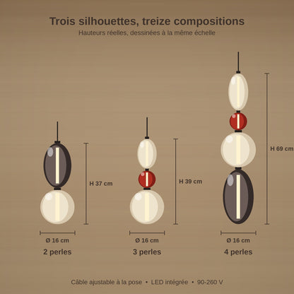 Schéma coté de la suspension verre coloré Zuccara, hauteurs 37, 39 et 69 cm, diamètre 16 cm | Delvanie