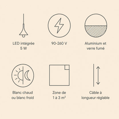 Caractéristiques de la suspension Cendrys, LED intégrée 5 W, 90-260 V, aluminium et verre fumé | Delvanie