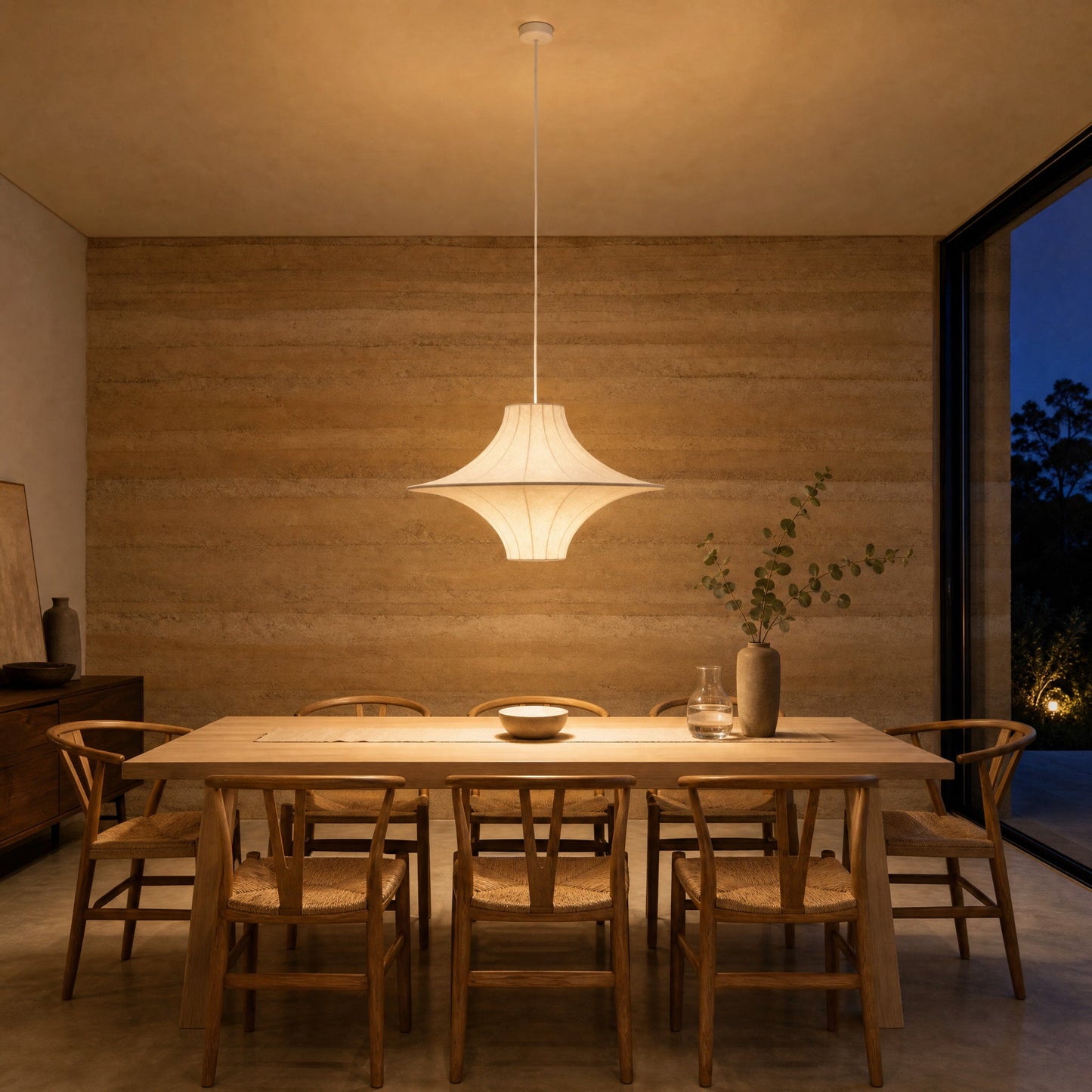 Suspension wabi sabi allumée au-dessus d'une table de salle à manger, mur de pisé | Delvanie