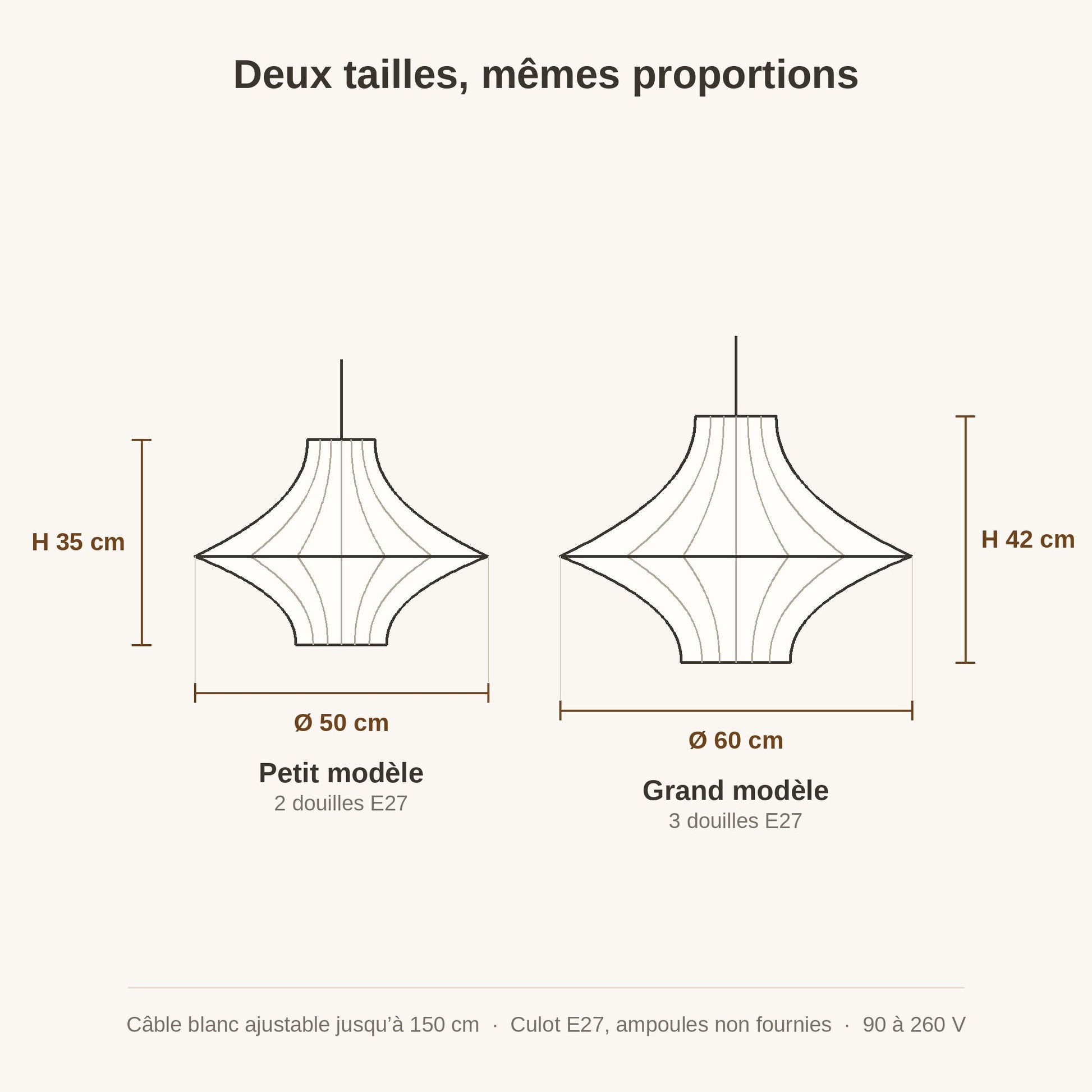 Schéma coté des deux tailles, Ø 50 x H 35 cm et Ø 60 x H 42 cm | Delvanie